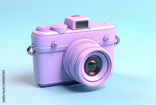 Retro camera in blue and purple neon colours on bright background