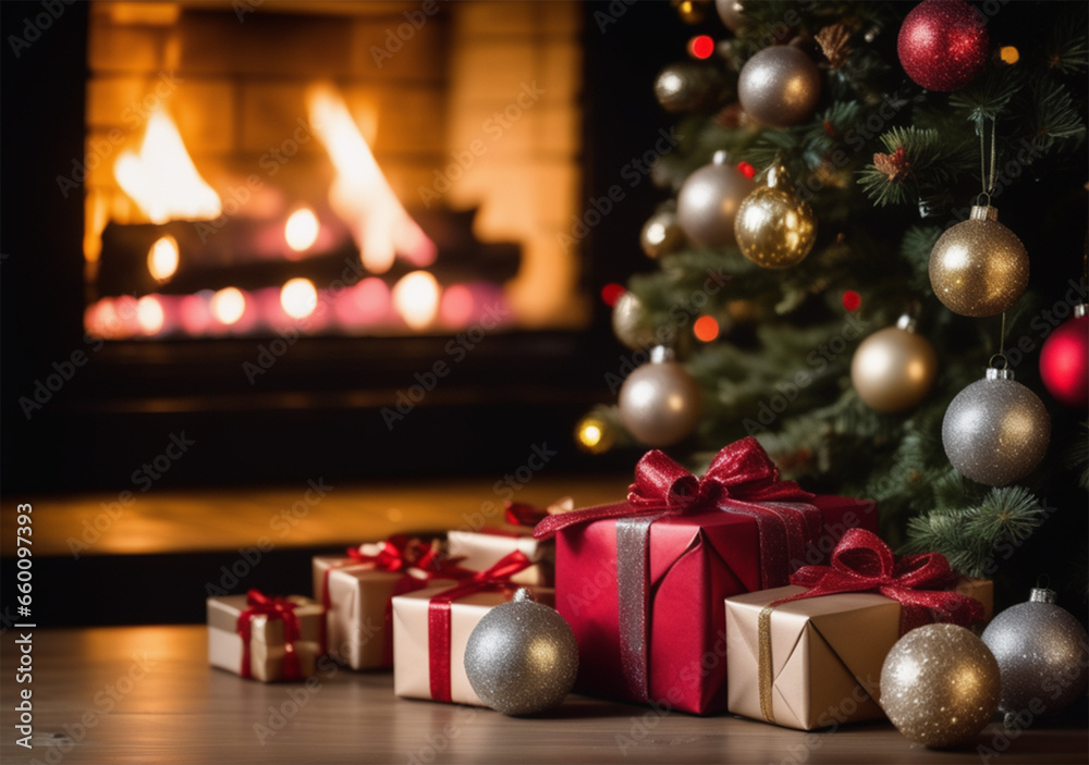 Christmas presents and decorations in front of a fireplace, warm vibe