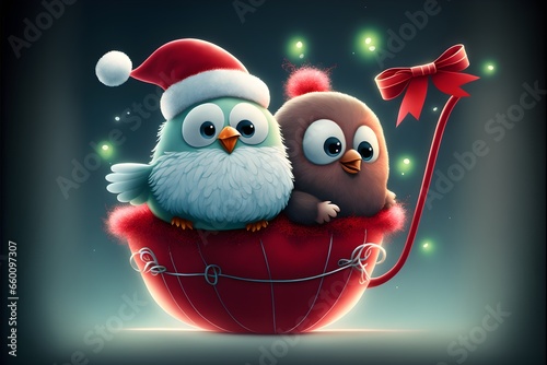 cute round fluffy lovebirds with big eyes pulling santa clauss flying sleigh like reindeer through the night sky christmas style pixar  photo