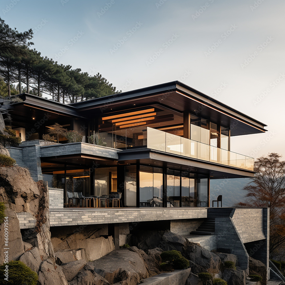 Architectural Photography, ExteriorScene in a house located in a mountain top created with Generative Ai