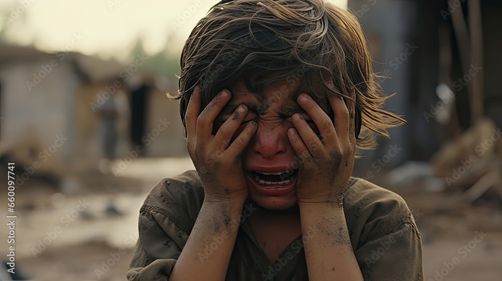 Homeless child crying for his family, Military soldiers killed her family and they destroyed their houses - obrazy, fototapety, plakaty 