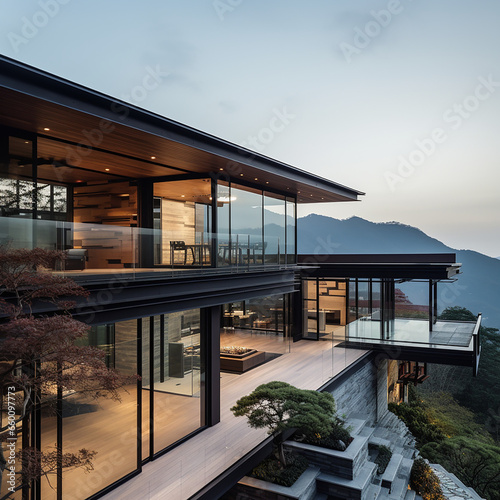 Architectural Photography, ExteriorScene in a house located in a mountain top created with Generative Ai