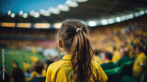 A young girl in yellow and green attire watches the Australian team at the Women's World Cup from the stadium, with a blurred background.