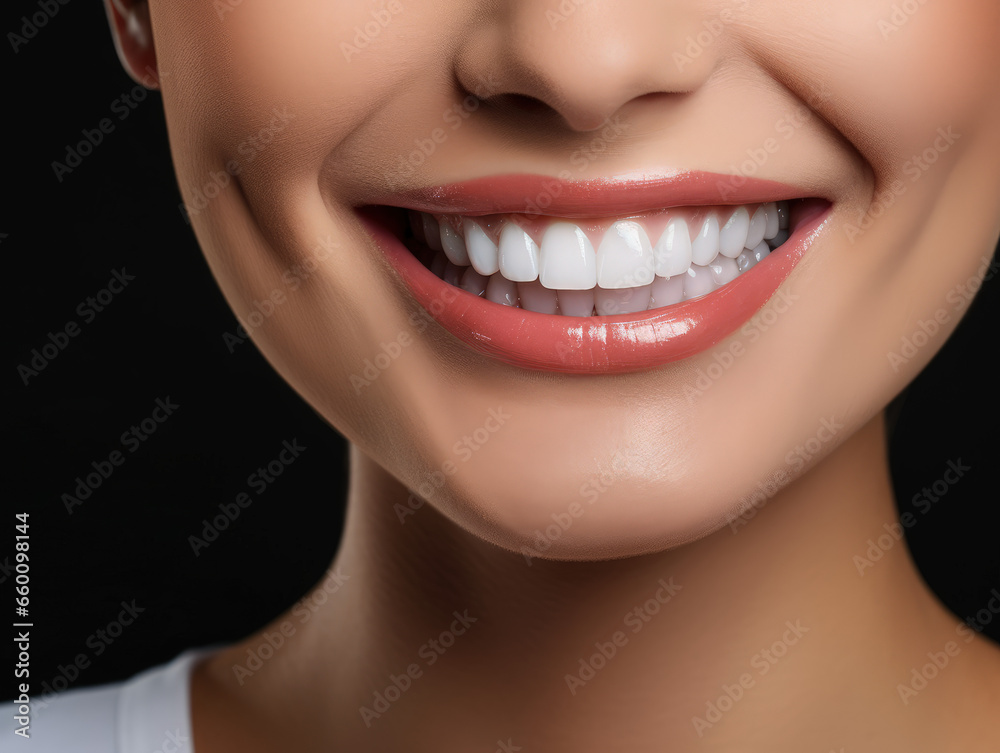 Fototapeta premium Banner with close-up of a beautiful smiling woman with white perfect teeth isolated on dark black.
