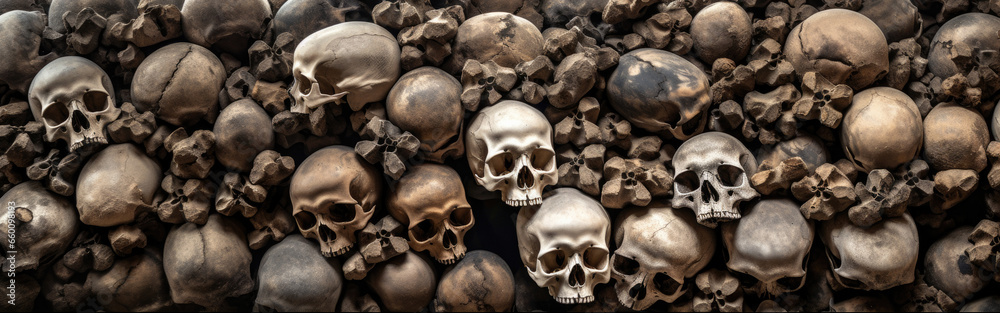 Human skulls and bones of people killed in war in crypt burial in cemeteries.