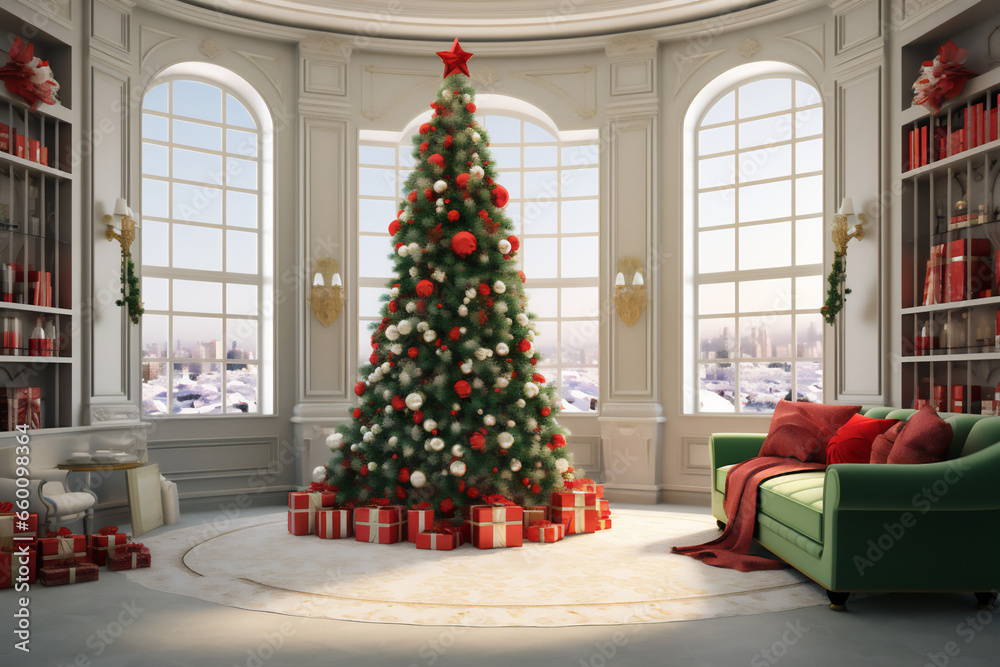 Cozy modern living room traditional interior design with a Christmas tree, gifts and traditional decorations. AI Generated