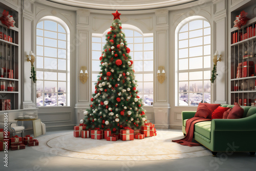 Cozy modern living room traditional interior design with a Christmas tree  gifts and traditional decorations. AI Generated