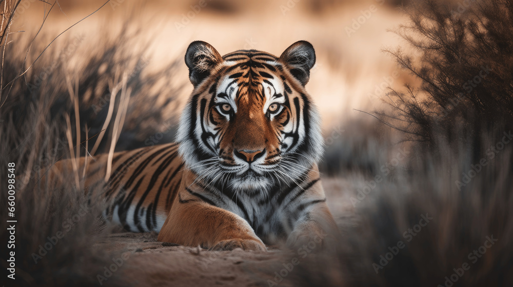 A portrait of a tiger from a front view with the animal looking directly into the camera