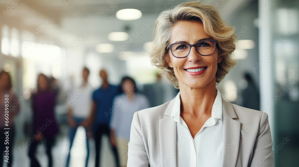 Fototapeta premium A smiling senior businesswoman in a modern office, exuding confidence and happiness.Business Concept