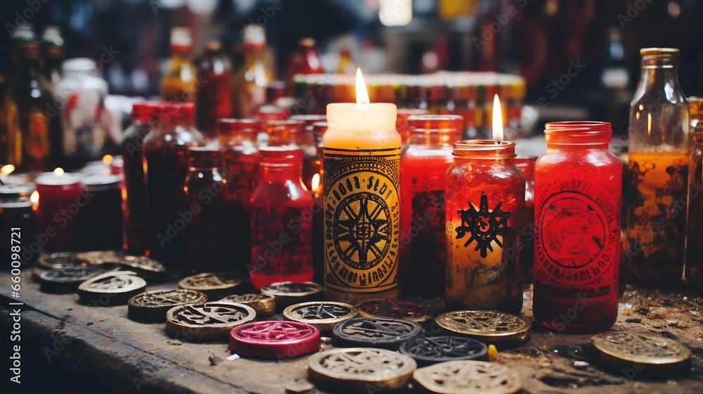 Illustration with occult ritual candles, medallions and bottles. Wallpaper, background. - obrazy, fototapety, plakaty 