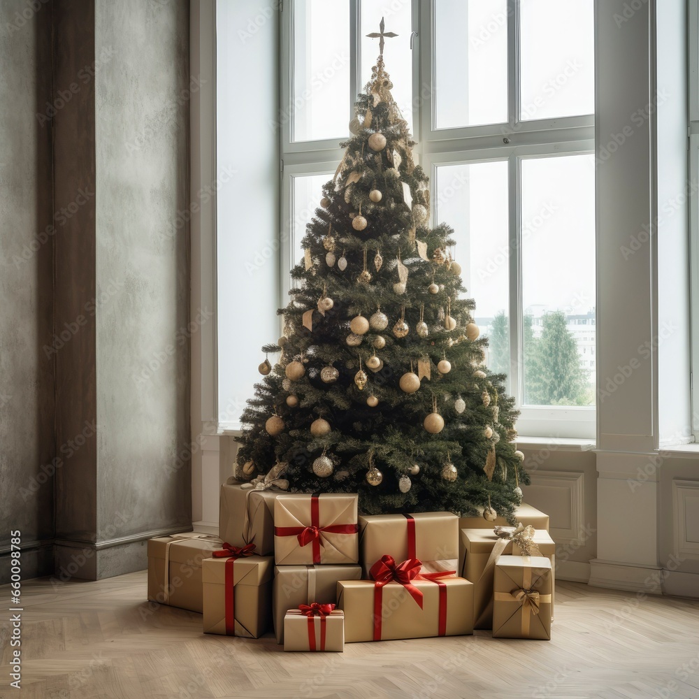 Christmas Home Interior with white Christmas tree