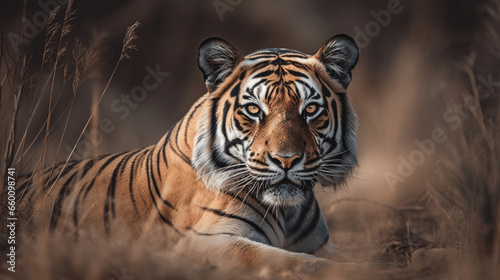 A portrait of a tiger from a front view with the animal looking directly into the camera