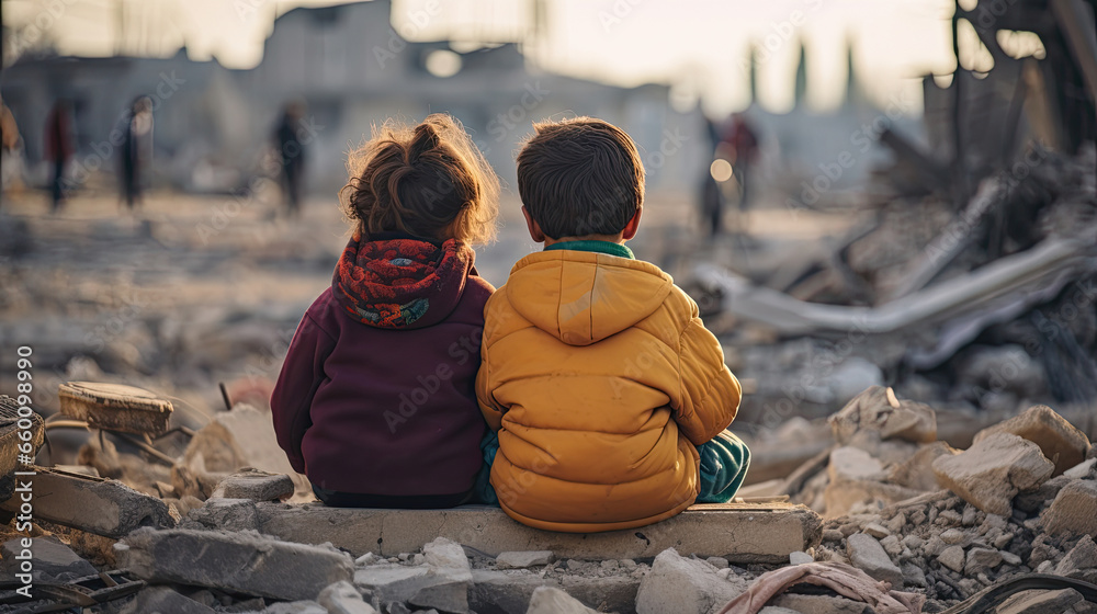 Innocence Amidst the Ruins, Embracing Children in War Torn Debris Stock ...