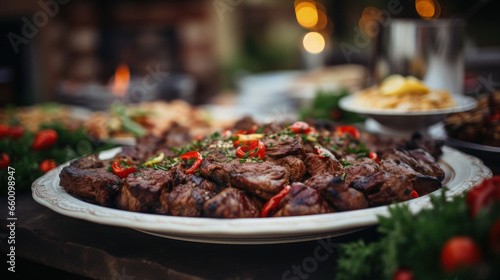 This appetizing image features a plate of perfectly grilled meat, elegantly displayed on a wedding or restaurant buffet, promising a delightful culinary experience for attendees.
