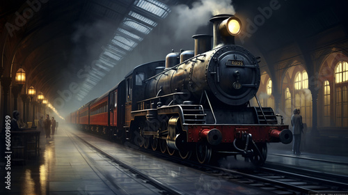 From the nostalgic railway station, a steam-powered locomotive begins its trip..