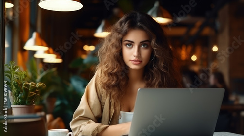 In this image, a lovely young woman, potentially a freelancer or student, is seen working on her laptop at a cafe table, illustrating her commitment to her tasks.