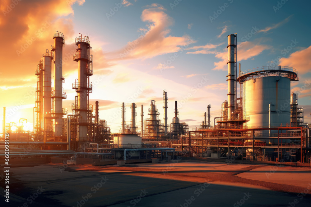 Aerial view of Petrochemical industry refinery in the morning background. Energy Industrial plant oil station, manufacturing for fuel and energy, furnace factory line. Aerial view of Petrochemical industry refinery in the morning background. Energy Industrial plant oil station, manufacturing for fuel and energy, furnace factory line.