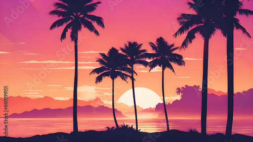 Tropical island with palm trees and sunset.