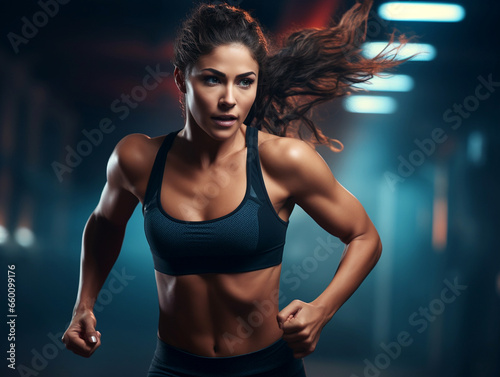 Sportswoman running and doing strength training in a gym.