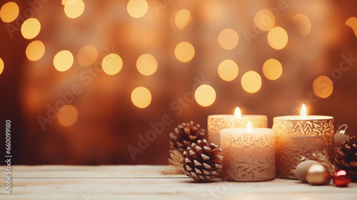 Warm and inviting blurred Christmas background with atmospheric candles. Holiday season concept.