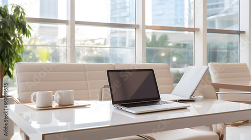 Wallpaper Mural Serene Workspace with Modern Laptop and Organized Books Illuminated by Soft Light Torontodigital.ca