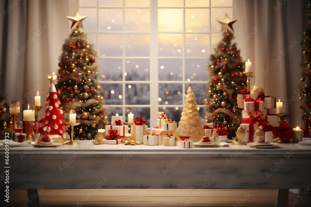 ..Festive Chistmas or New Year decorated table with gifts against cozy room with Christmas tree, gifts, treats and bokeh light. Generative AI ..Festive Chistmas or New Year decorated table with gifts against cozy room with Christmas tree, gifts, treats and bokeh light. Generative AI