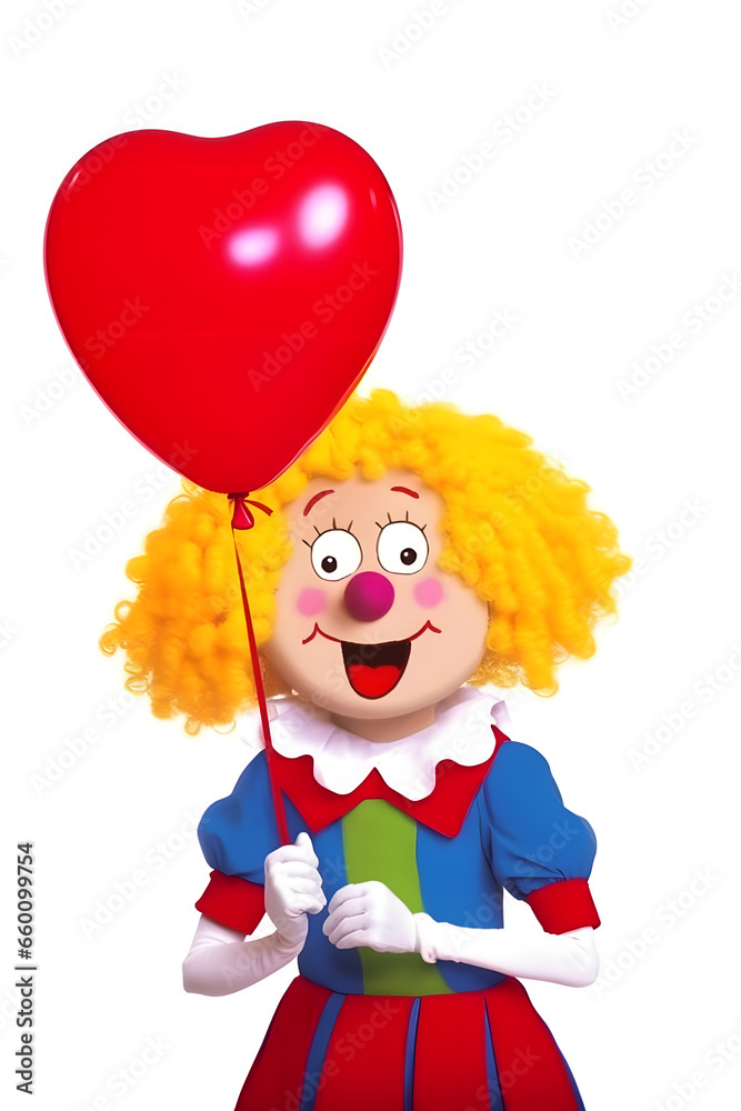 A clown holding a red heart-shaped balloon. The clown is wearing a colorful costume with a blue and green top and white gloves. 