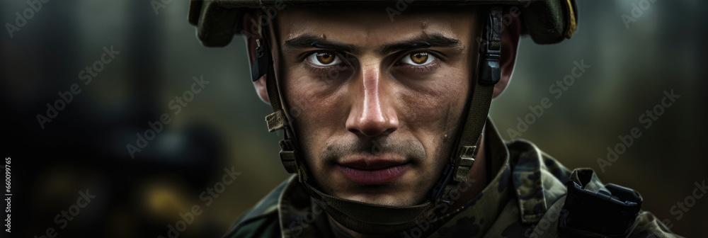 Portrait of a European army soldier in the ranks with selective focus, human enhanced Portrait of a European army soldier in the ranks with selective focus, human enhanced