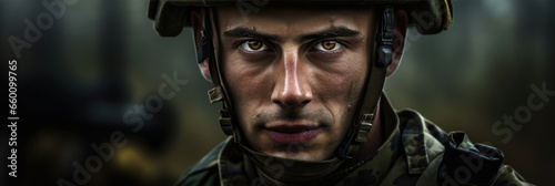 Portrait of a European army soldier in the ranks with selective focus, human enhanced © Sasint