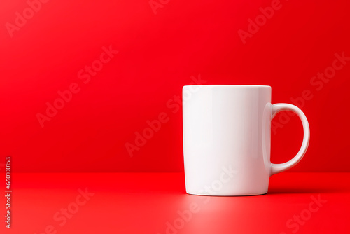 A white cup on a red background. Minimalism.