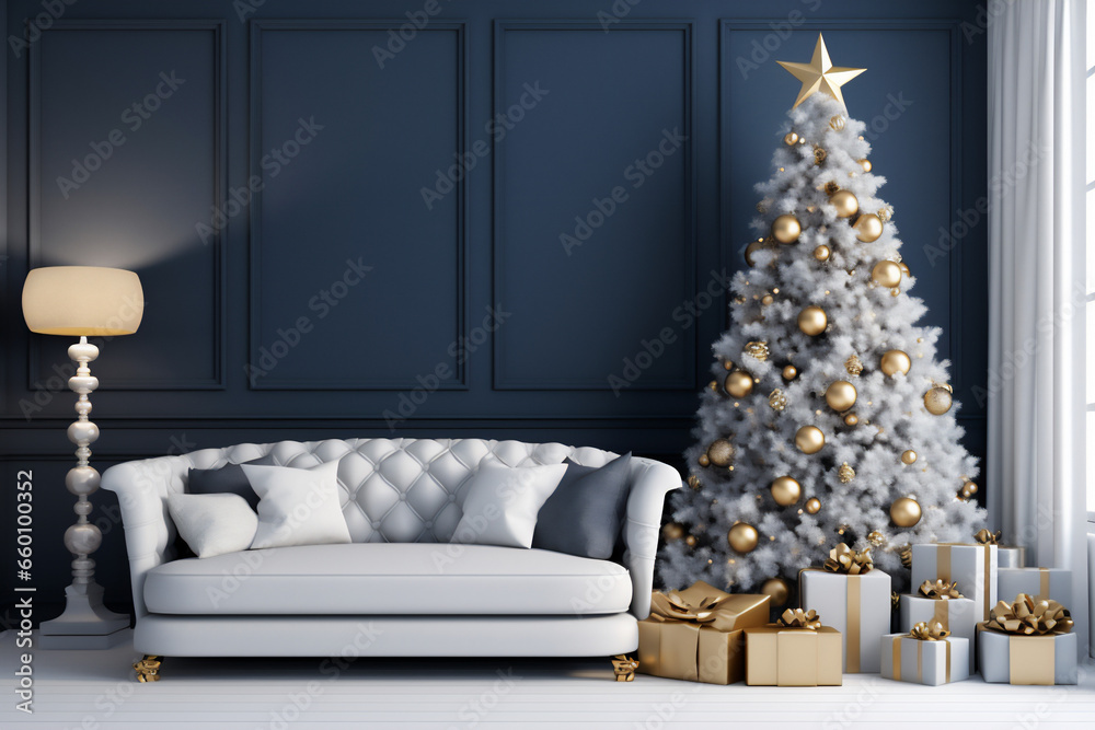 Cozy modern living room gold, navy blue, white interior design with a Christmas tree, gifts and traditional decorations. AI Generated Cozy modern living room gold, navy blue, white interior design with a Christmas tree, gifts and traditional decorations. AI Generated