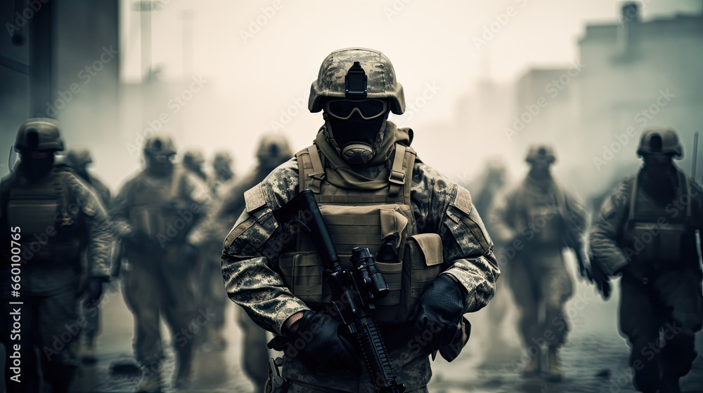 Several modern soldiers fully equipped facing the camera in a dusty and smoggy environment - obrazy, fototapety, plakaty 