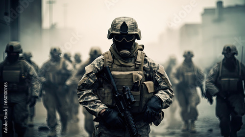 Leinwand Poster Several modern soldiers fully equipped facing the camera in a dusty and smoggy e