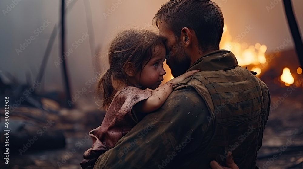 Soldier holds a child refugee little girl sad from being forced to flee her home. Child in the war conflict on the ruins, the concept of peace and war, sad child. Humanitarian disaster - obrazy, fototapety, plakaty 