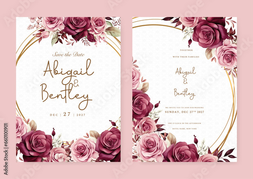 Red and pink rose artistic wedding invitation card template set with flower decorations