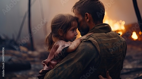Photo Soldier holds a child refugee little girl sad from being forced to flee her home