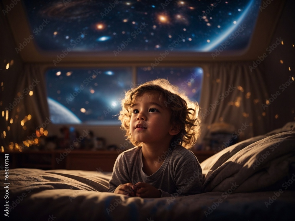 A young child lies in bed, eyes wide with wonder, as they dream of a spaceflight adventure. The room is softly illuminated by the glow of moonlight filtering through the window.
