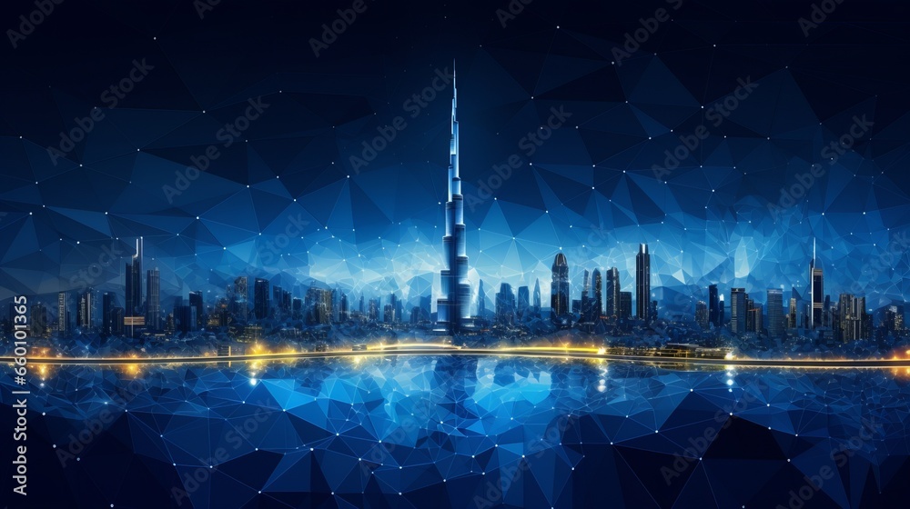 Polygonal 3d Dubai city in dark blue background. Outline city concept vector. Wire-frame style. The layers of visible and invisible lines. 3D illustration. - obrazy, fototapety, plakaty 