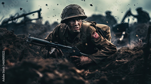 Soldier on the battlefield in world war photo