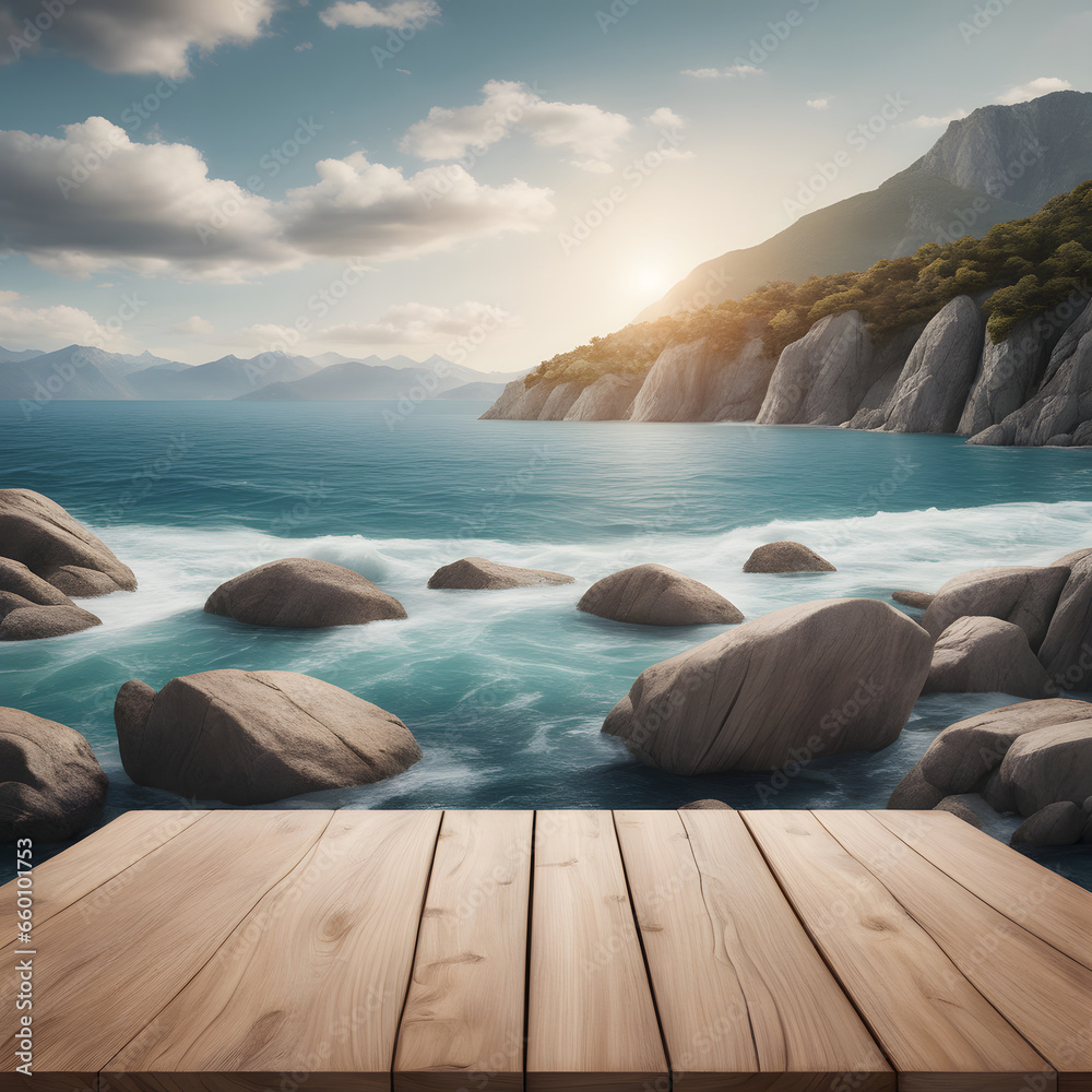 Wooden floor against seascape with mountain and blue sky. Wooden floor against seascape with mountain and blue sky.