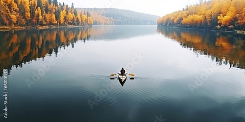 Fényképezés Person rowing on a calm lake in autumn, aerial view only small boat visible with serene water around