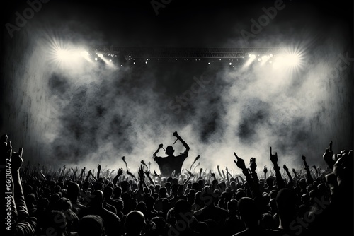 hip hop dark wall background no writings on it stage with crowd of people raising hands enjoying live music 