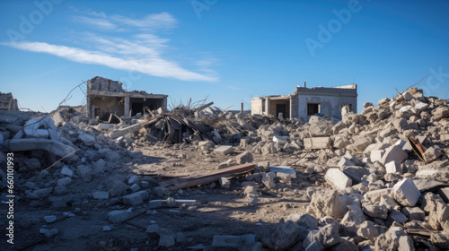 The rubble of destroyed houses due to the war