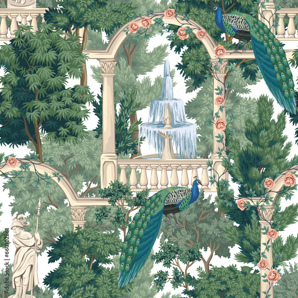 Garden gallery with peacock and fountain seamless pattern. Classic wallpaper landscape.