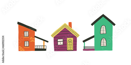 Set with cute houses in flat style. Hand drawn vector illustration.