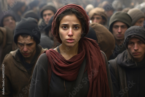Arab refugees from Middle East, portrait of sad poor woman in crowd of oppressed people. World social problems concept