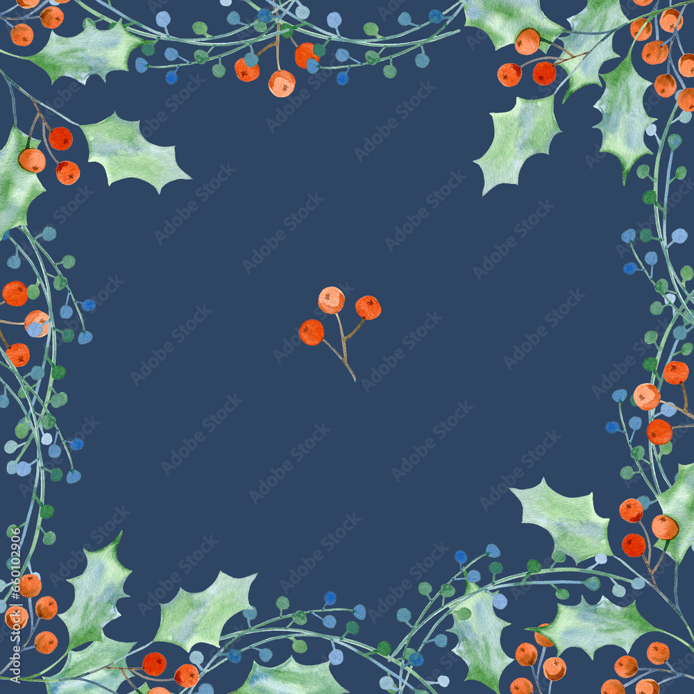 Frame with green holly leaves, blue and red berries and spruce twigs. Frame with green holly leaves, blue and red berries and spruce twigs.