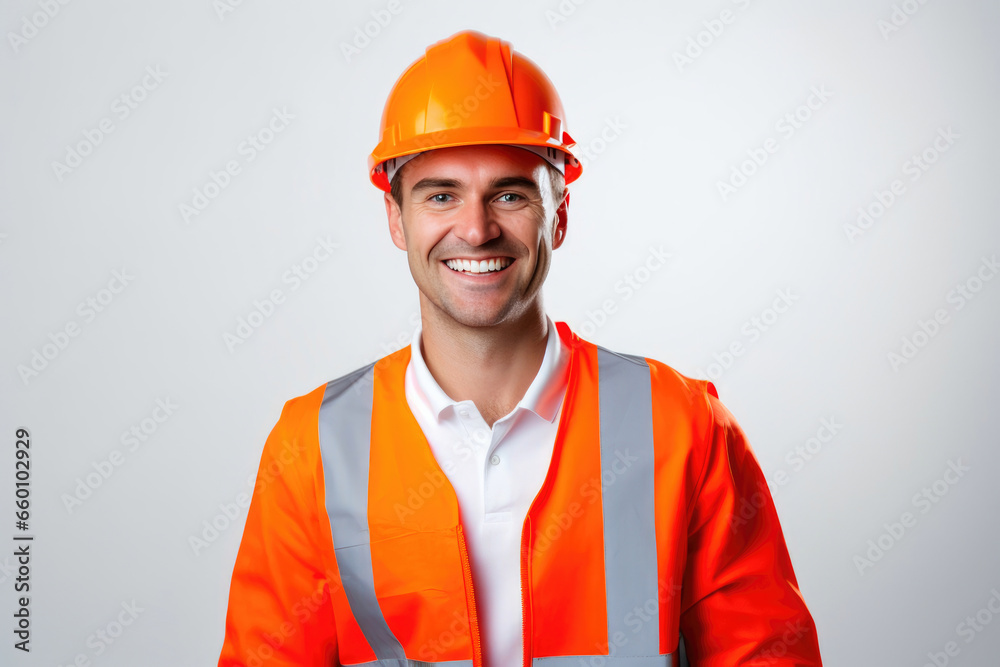 Cheerful Worker in Bright Orange Safety Gear Cheerful Worker in Bright Orange Safety Gear