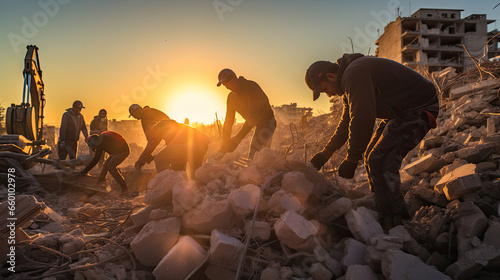 Workers cleaning up rubble of a city or town devastated by war