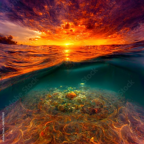 low angle under water stunning orange and yellow ocean sunset bright orange sand bottom below reflections bright violet and teal clouds stunning lighting landscape shot of stunning sunset far shot 